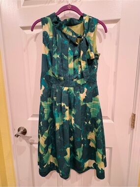 Merona Green and Teal Abstract One-Shoulder Tie-Neck Dress